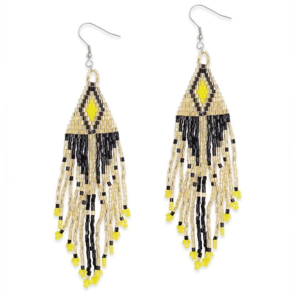 Southwestern Boho Seed Bead Tassel Dangling Statement French Wire Hook Earrings